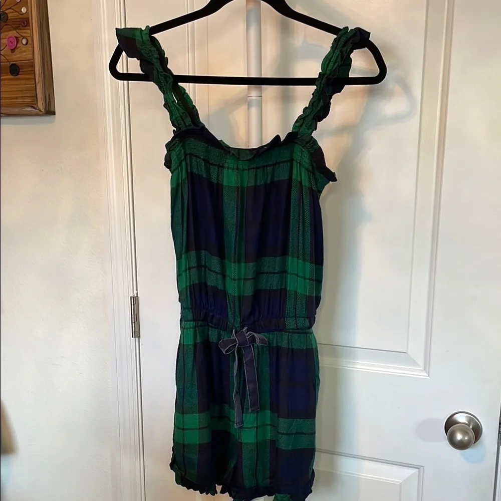 Aerie Green and Blue Plaid Romper Pajama Set